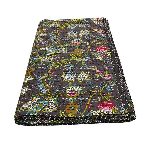 Indian Kantha Quilt Block Printed Kantha Blanket Cotton Kantha Bedspread Kantha Coverlet Throw king Size Kantha Bedcover 90x108