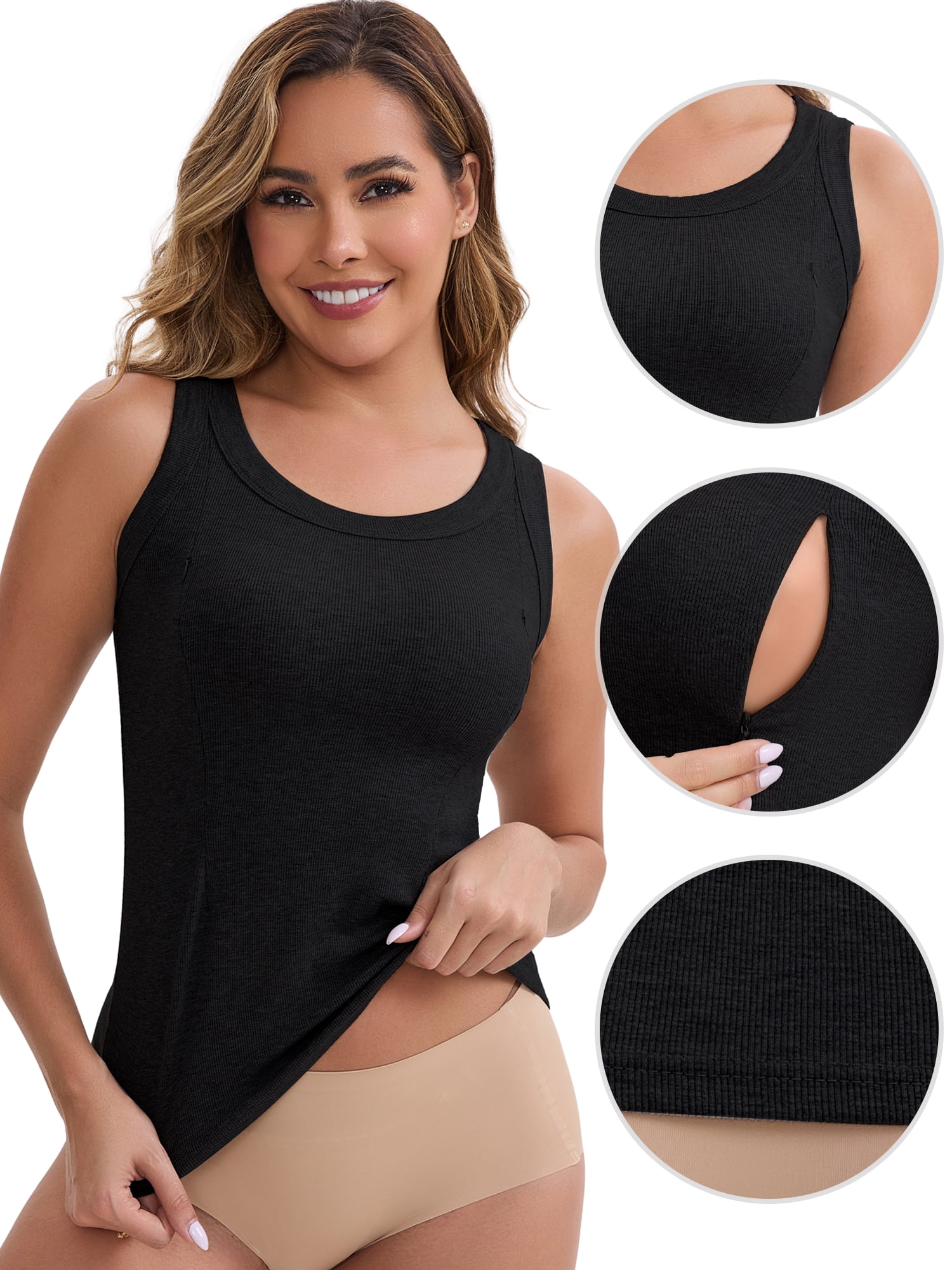 DARING DIVA Women's Breastfeeding Scoop Neck Undershirts Tank Tops M Black
