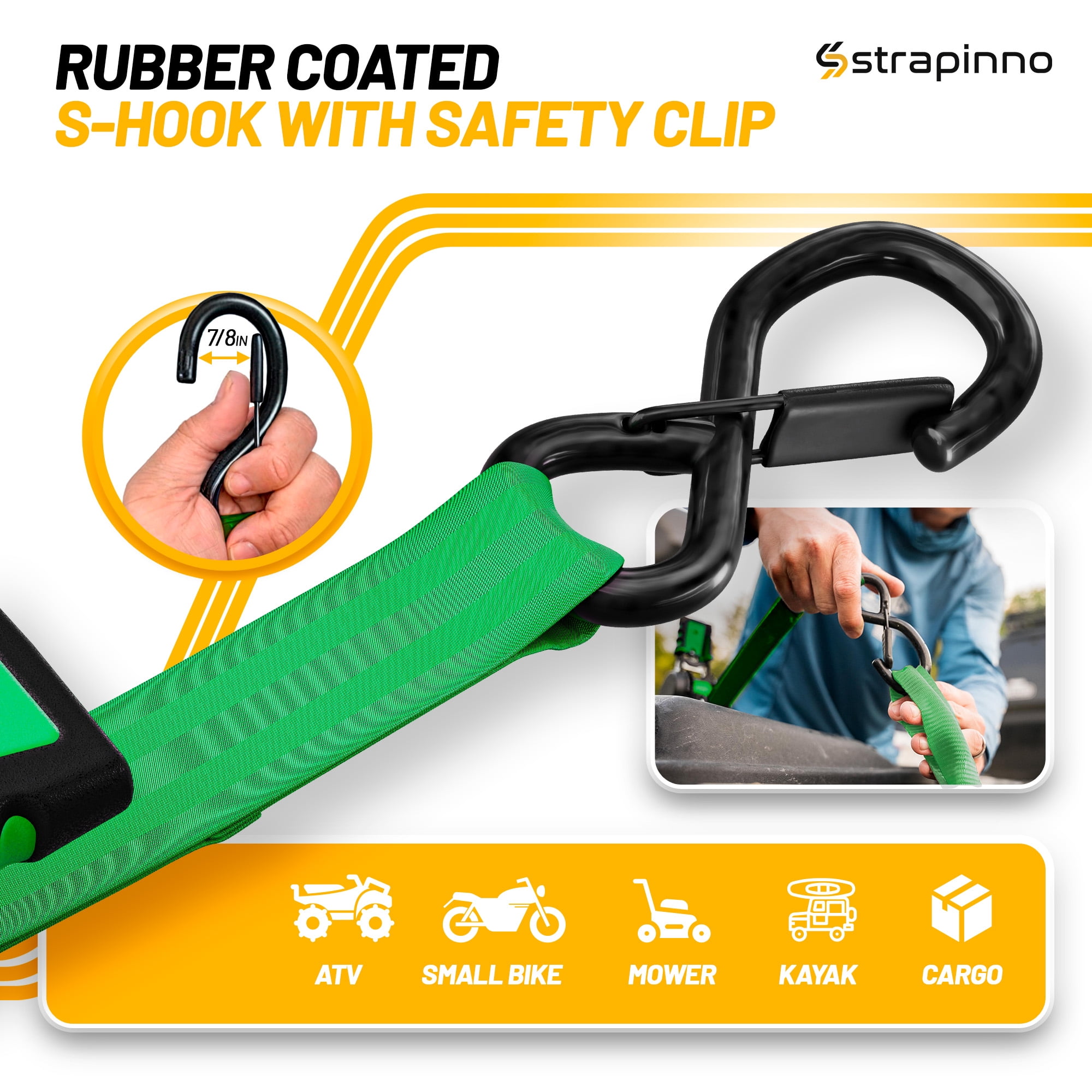 Strapinno Retractable Ratchet Straps 1 in x10ft, with Rubber-Coated Handles, S-Hooks, Secure Cargo Tie-Downs for Motorcycles, Bikes & Daily Use, Breaking Strength -1,500LBS/680KG (4 PK, Green)