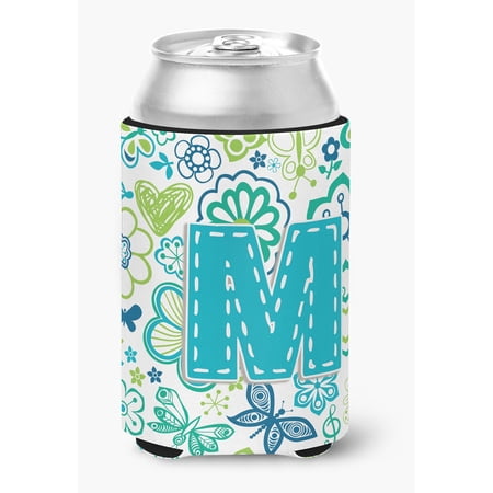 Letter M Flowers and Butterflies Teal Blue Can or Bottle Hugger
