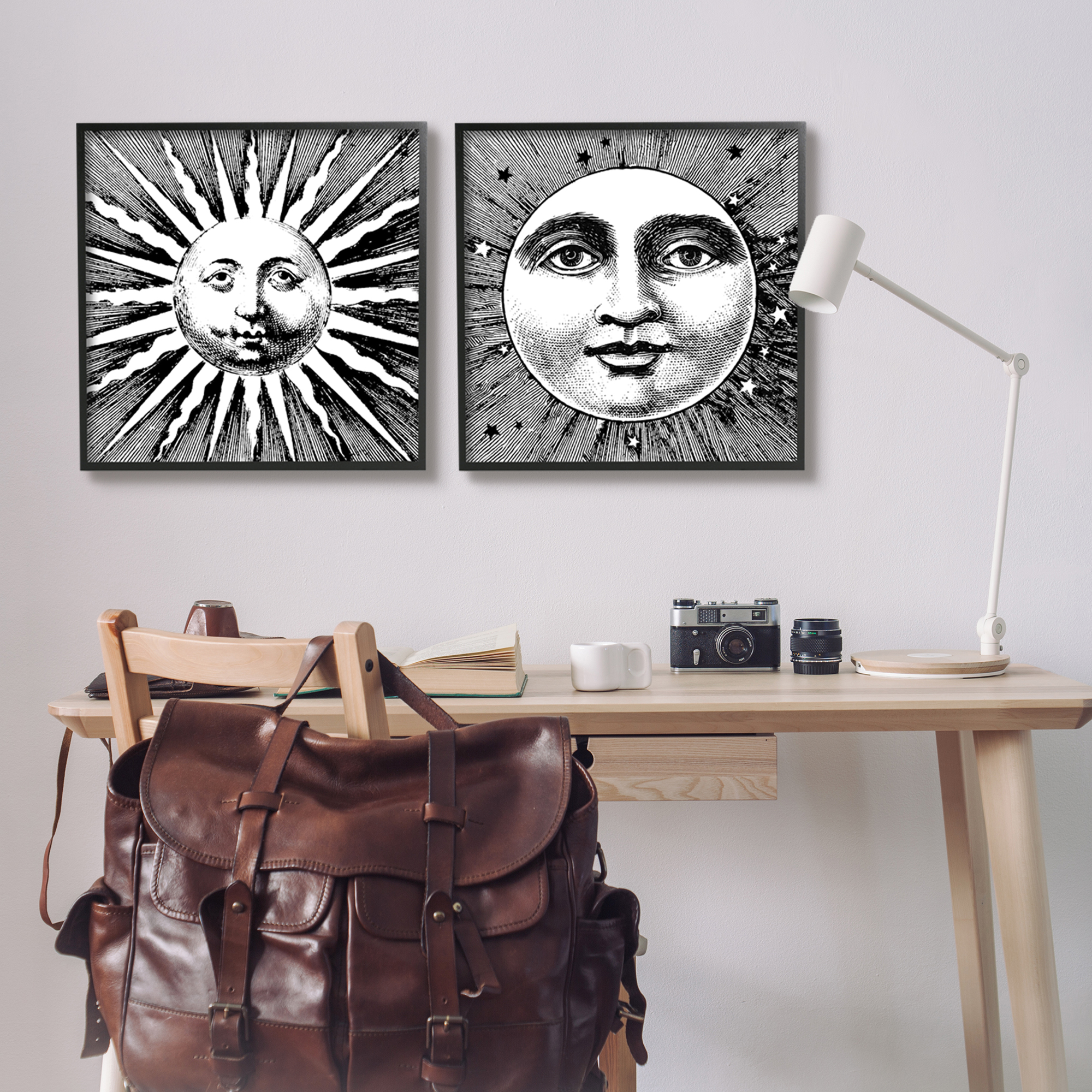 Stupell Industries Sun & Moon Faces Landscape Painting Black Framed Art Print Wall Art, 24 x 24