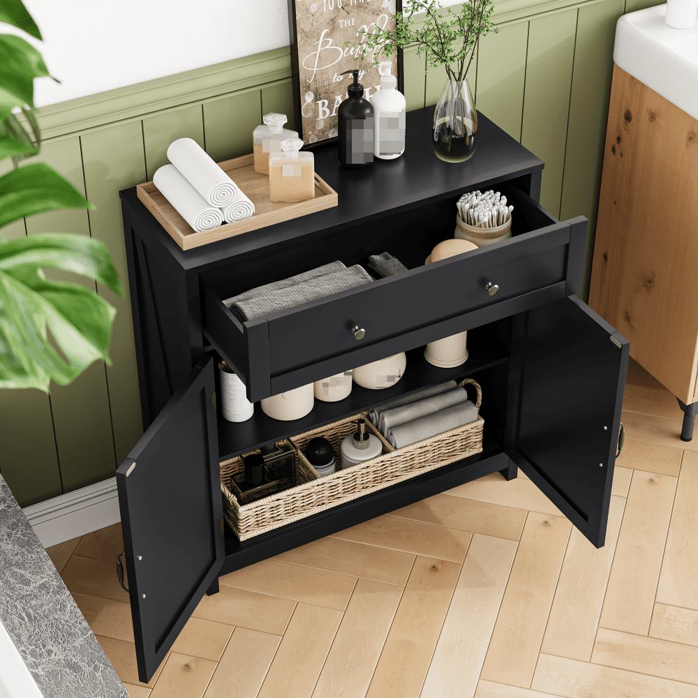 Oufan Farmhouse Storage Cabinet with Drawer and 2 Doors, Adjustable Shelf Freestanding Kitchen Pantry Cabinet, Modern Coffee Bar Console Cabinet for Kitchen,Living Room,Bedroom, Black