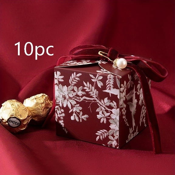 Elegant floral wedding candy box - green plant pattern, velvet ribbon and pearl embellishment, suitable for candies, chocolates and party favors, luxury gift box