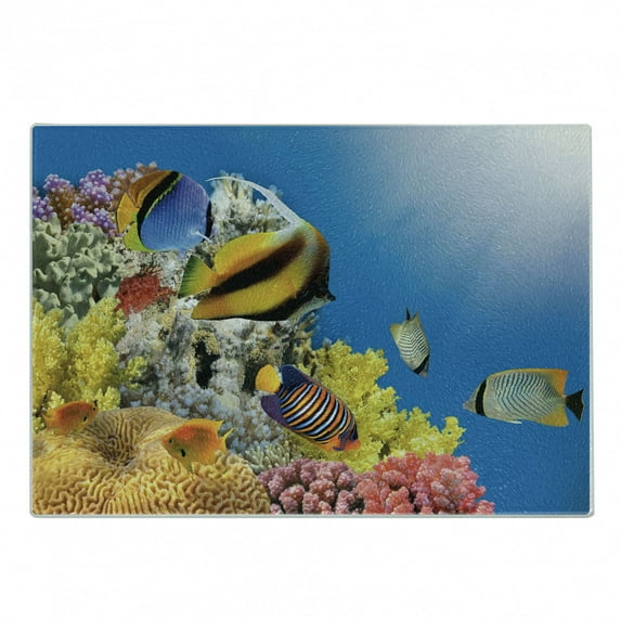 Ocean Cutting Board, Coral Colony on a Reef Top in Red Sea Egypt Exotic Fishes Aquatic Underwater Life, Decorative Tempered Glass Cutting and Serving Board, Small Size, Multicolor, by Ambesonne