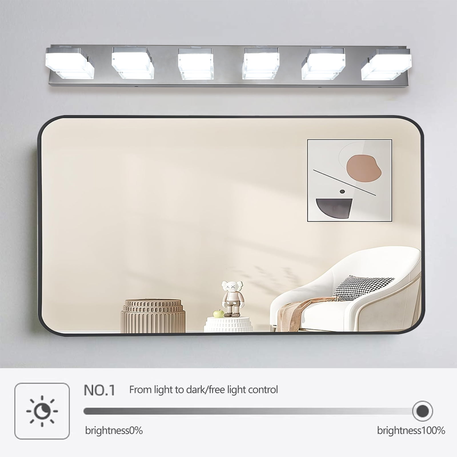 Noaman Modern 6-Light Chrome LED Vanity Mirror Light Fixture for Bathrooms & Makeup Tables, 38.2in Stainless Steel & Acrylic Anti-Fog Bathroom Lighting