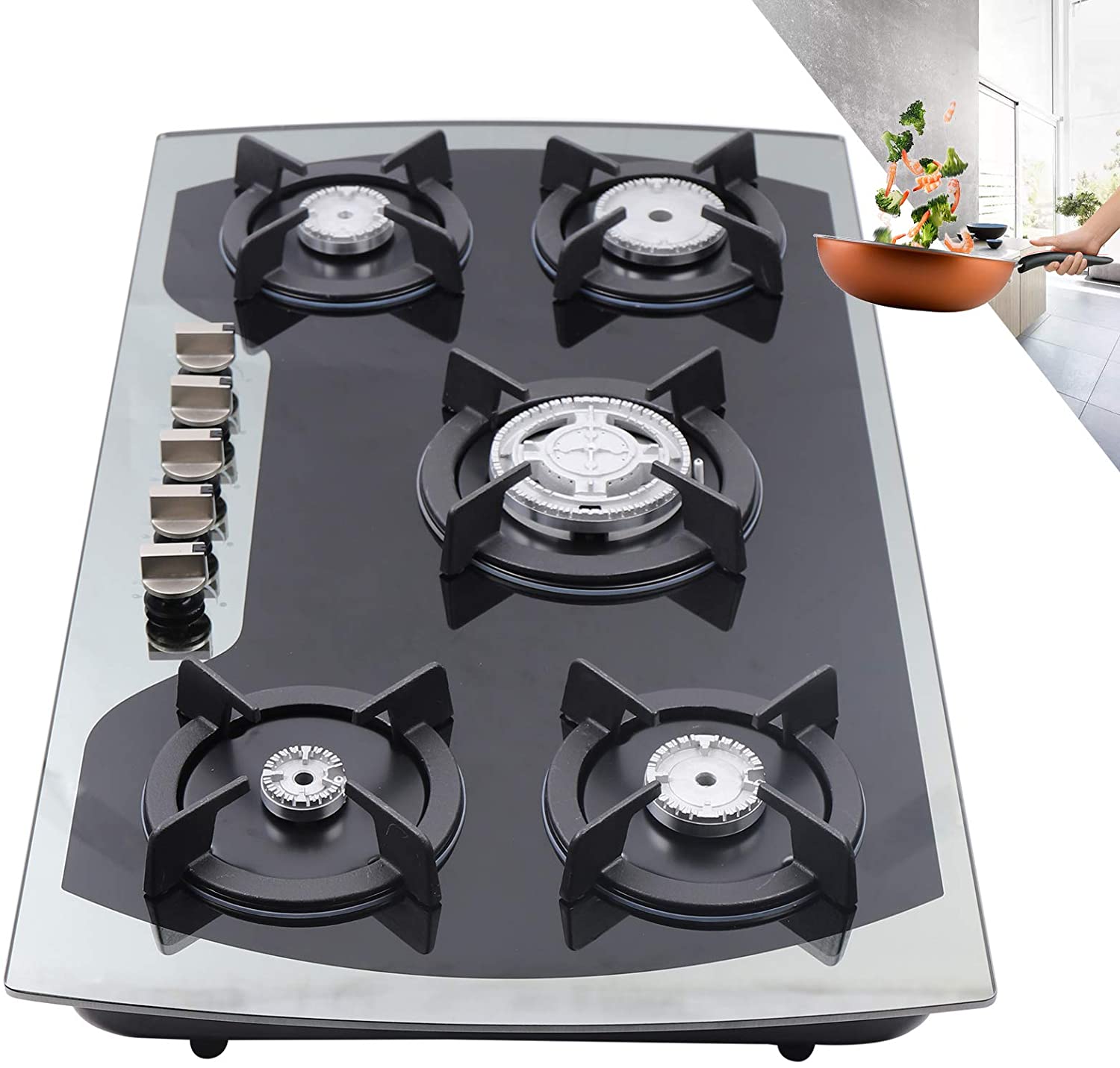 Fetcoi, Gas Cooktop 35.4" Tempered Glass LPG/NG Gas Built in 5 Burner Gas Stove Iron Grate Stove Hob Cooktop Tempered Glass Fuel