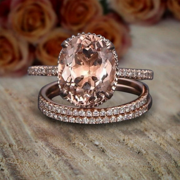 ArtDeco 2.75 Carat 8x6mm Oval Cut Morganite and Diamond Moissanite Trio Ring Set with 18k Gold Plating