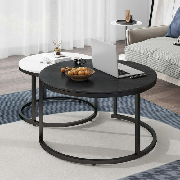 2Pcs Nesting Coffee Table Round Wood Coffee Tables Cocktail Tables End Side Table for Living Room Bedroom, Black and White