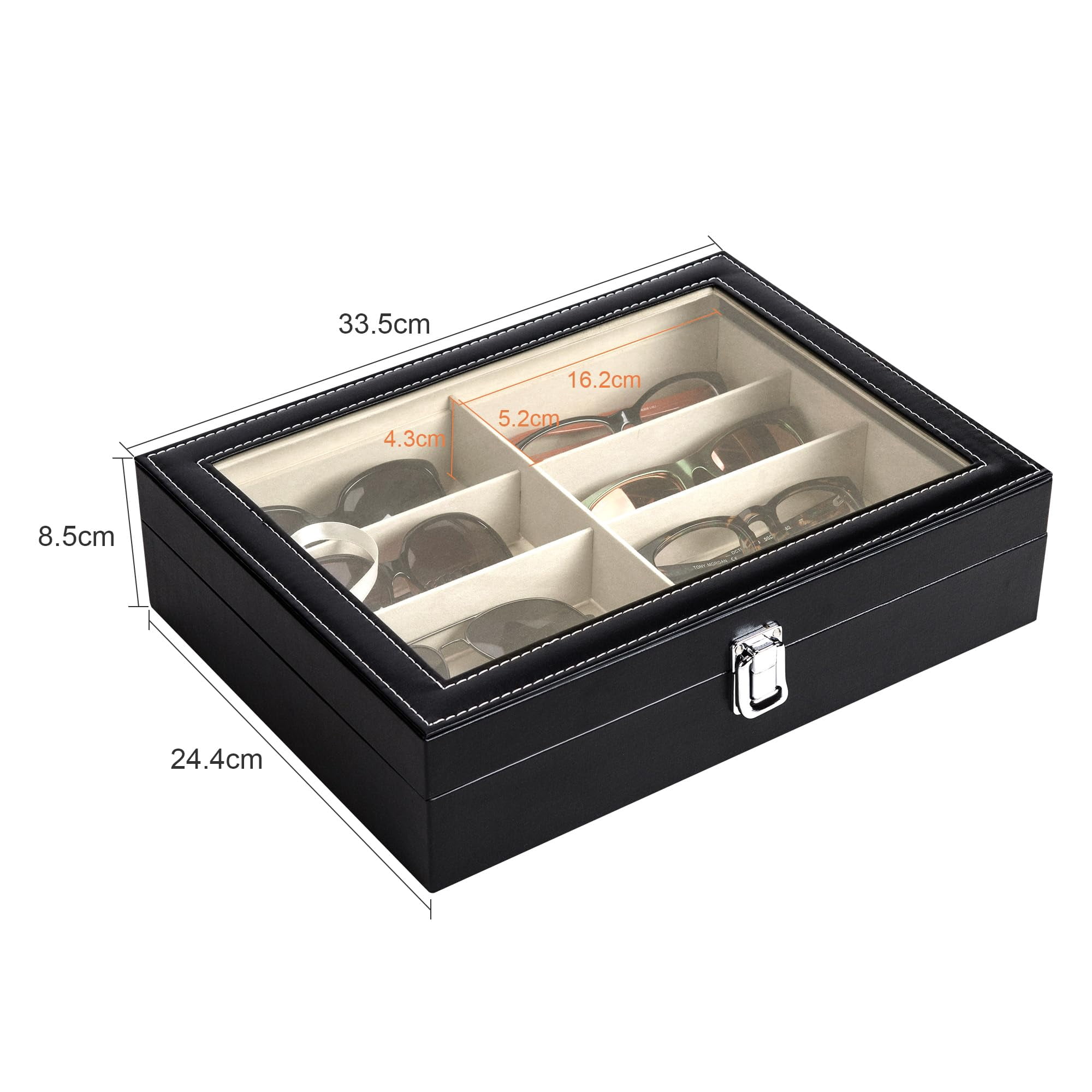 8 Slot Sunglasses Organizer Box with Clear Acrylic Lid, PU Leather Eyeglasses Storage Case Display Holder for Men Women, Fleece Lined Eyewear Organizer for Sunglasses, Home & Dresser, Black