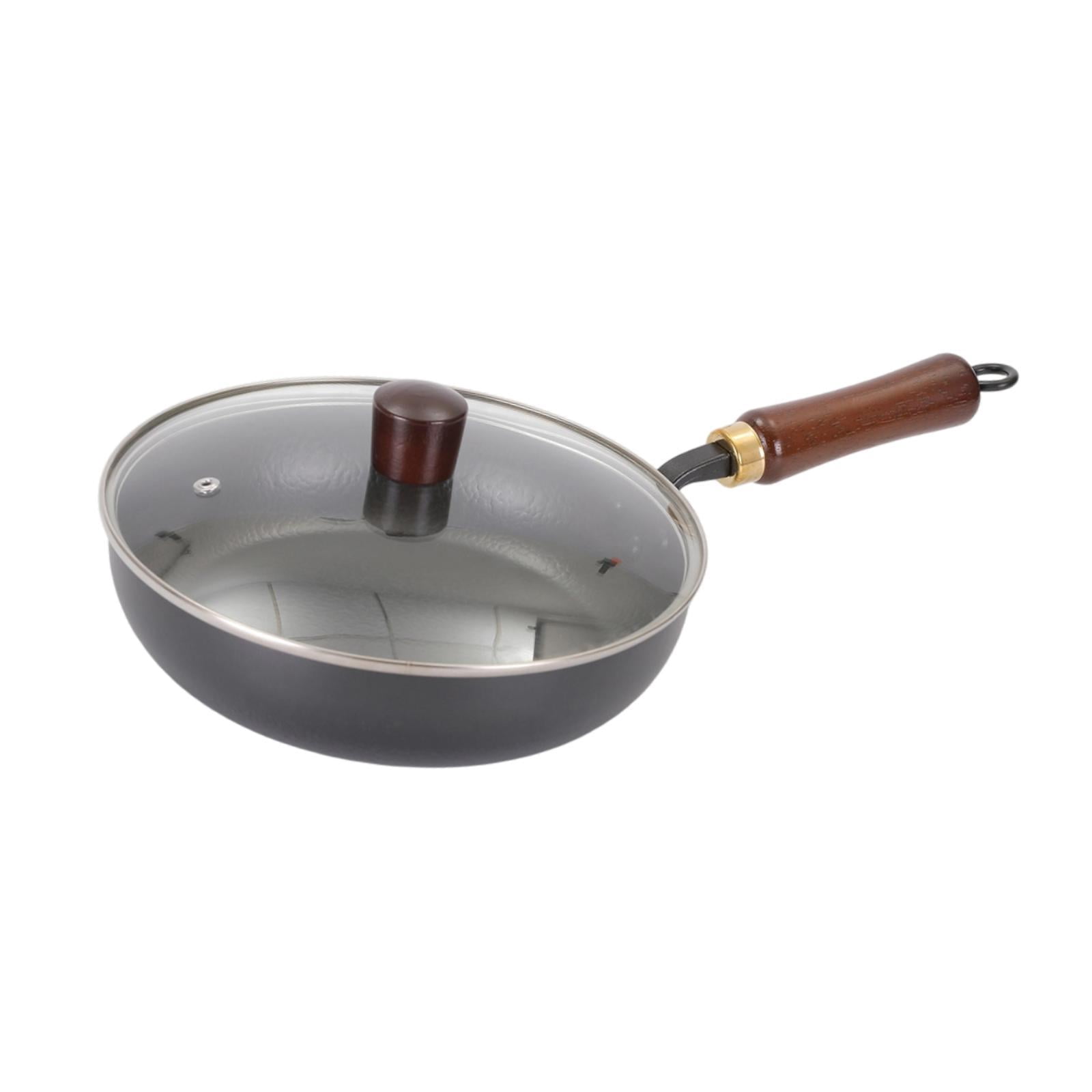 TISHITA Iron Wok Non Sticky Cookware Comfortable Grip Easy to Clean for All Stoves Cooking Tool Wooden Handle Flat Bottom Chinese Wok Diameter 24cm