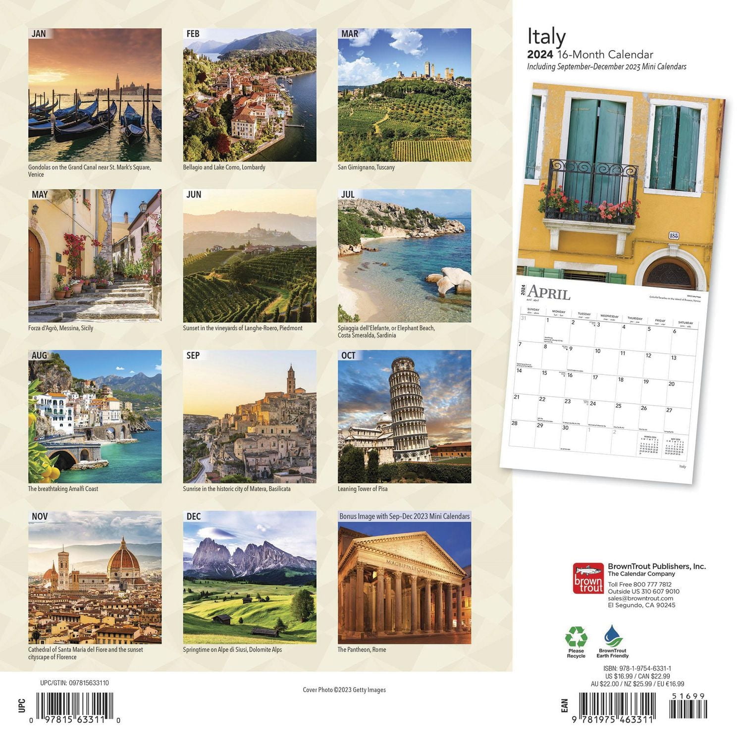 BrownTrout Italy 2024 12x24 Inch Square Wall Calendar, 9781975463311