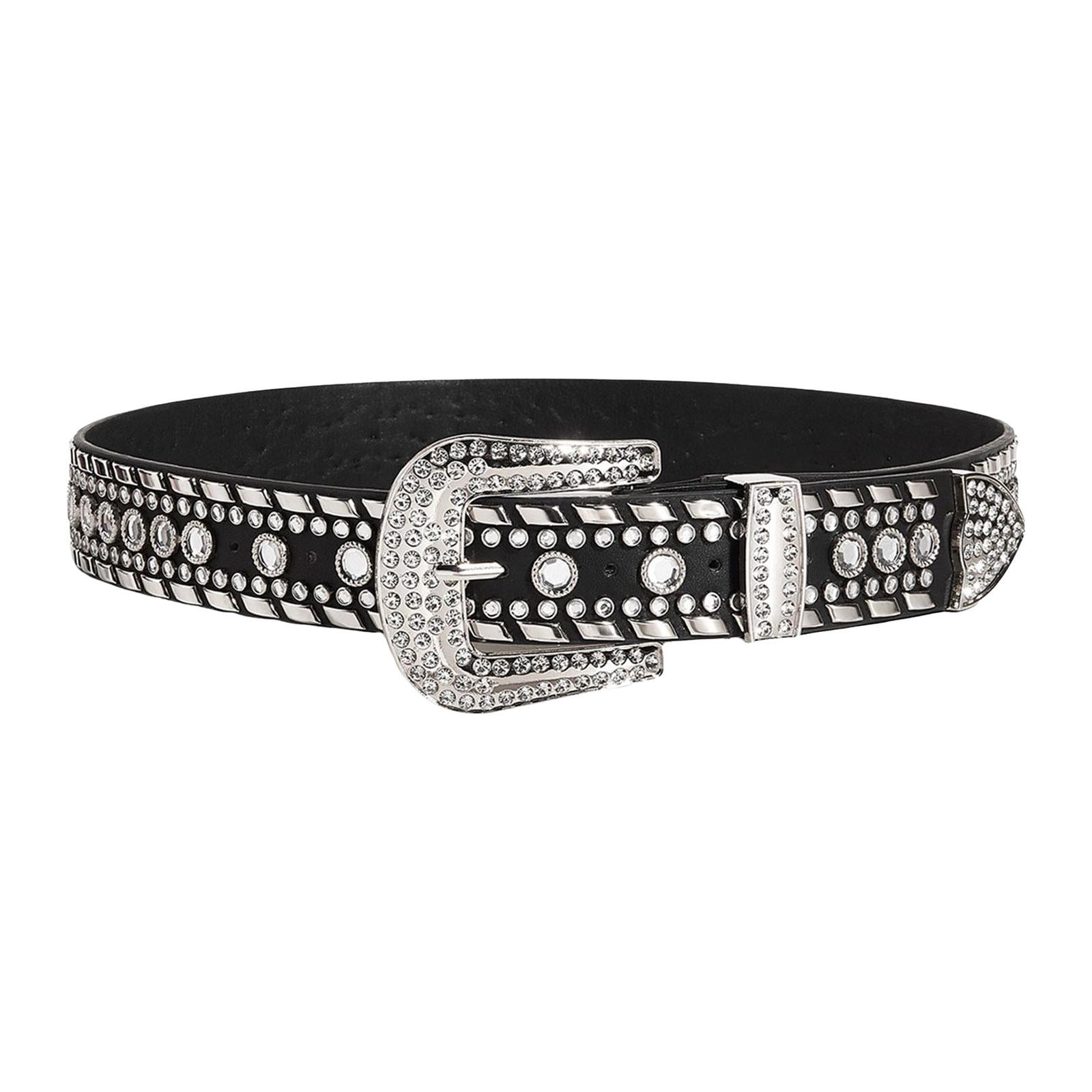Bunblic Women Rhinestone Belt Metal Prong Buckle Fashion Punk