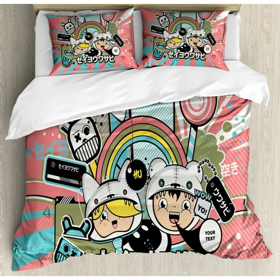 Urban Graffiti Queen Size Duvet Cover Set, Anime Themed Asian Style Cartoon Figure and Speech Bubble on Beam Background, Decorative 3 Piece Bedding Set with 2 Pillow Shams, Multicolor, by Ambesonne
