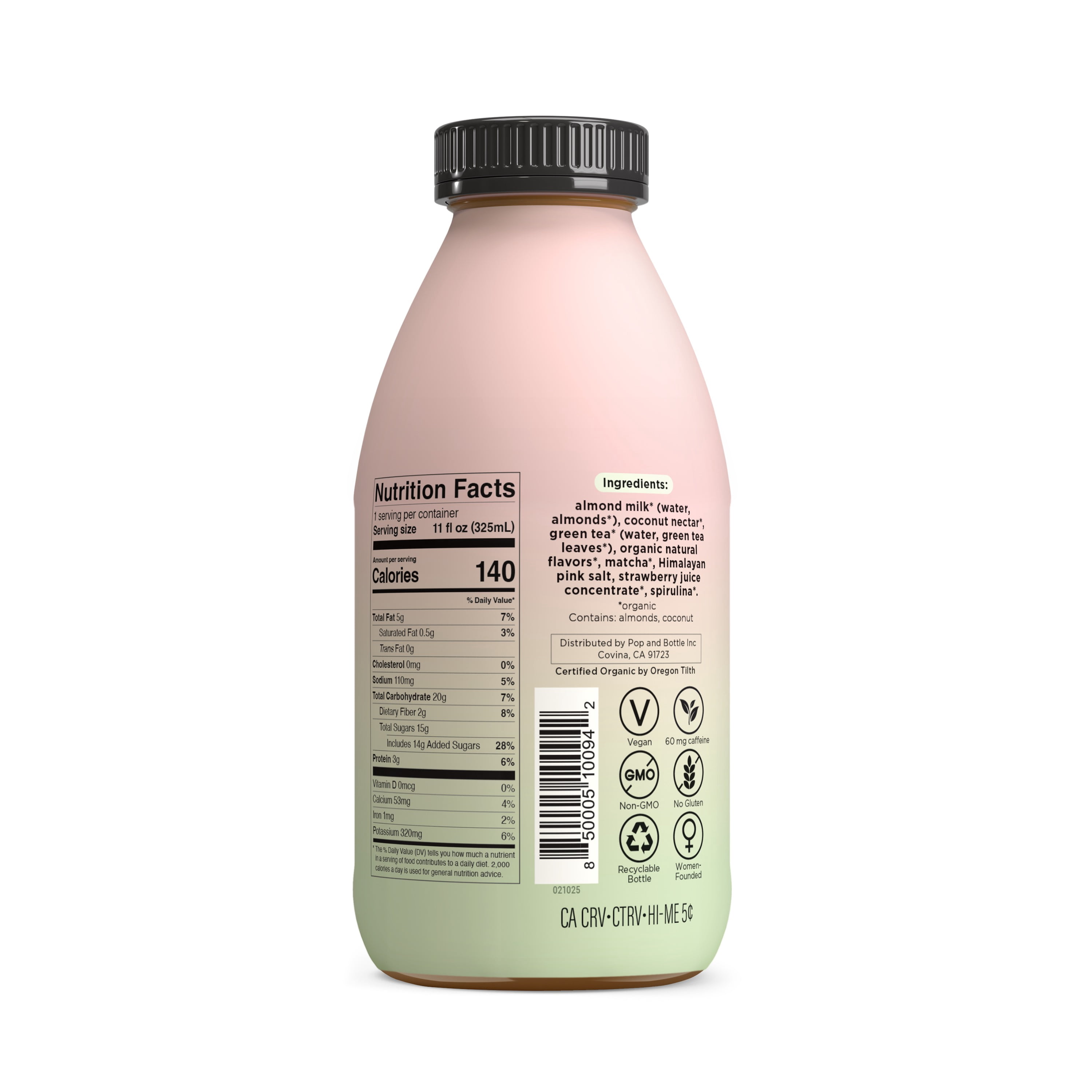 Pop & Bottle Strawberry Matcha Almond Latte with Plant-Based Milk, Refrigerated, 11 fl oz