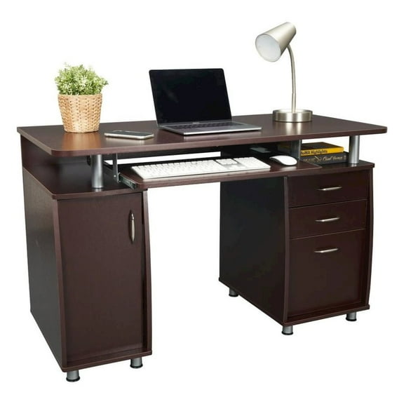 FurniFact Brown Home Office Desk with Storage 2 Drawers, Keyboard Shelf, 2 Cabinets