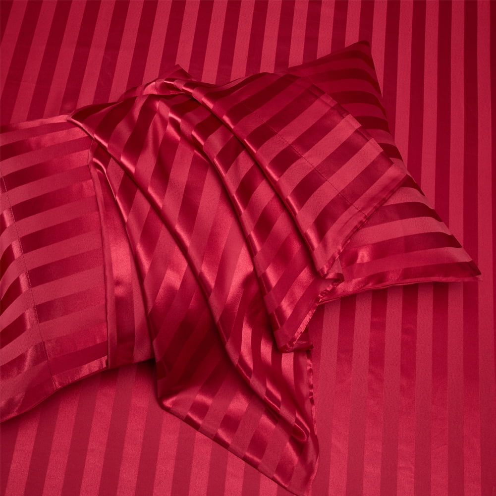 AiMay Italian Style  6 Piece Satin Bed Sheet Set Stripes Super Soft Deep Pocket 1800 Luxury Rich Silk 1 Flat Sheet 1 Fitted Sheet 4 Envelope Pillowcases Stain-Resistant Wrinkle Free (Queen, Burgundy)