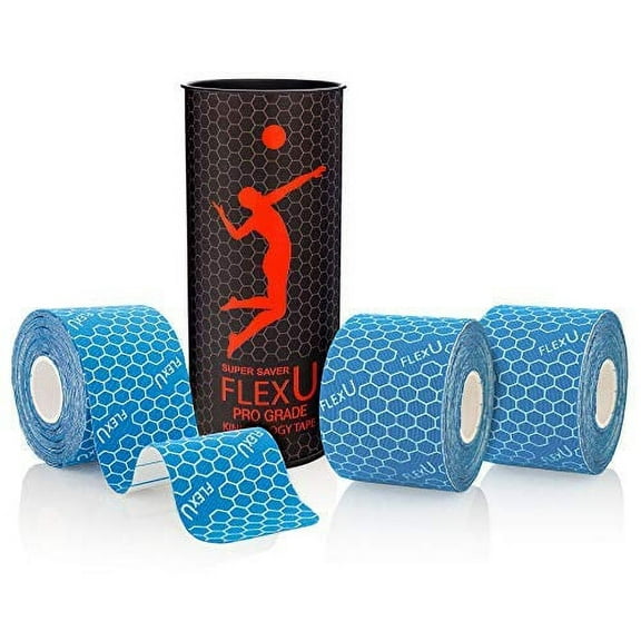 FlexU Blue Kinesiology Tape; New & Improved Super Saver 3 Rolls Pack Pre-Cut I Shape. Pro-Grade Hypoallergenic; Therapeutic Sports Tape: Alleviate Pain, Reduces Swelling & Induces Faster Recovery