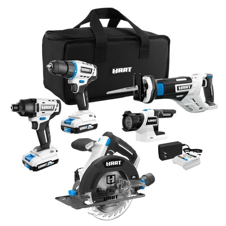HART 20-Volt Cordless 5-Tool Combo Kit with Storage Bag, (2) 2.0Ah Lithium-Ion Batteries