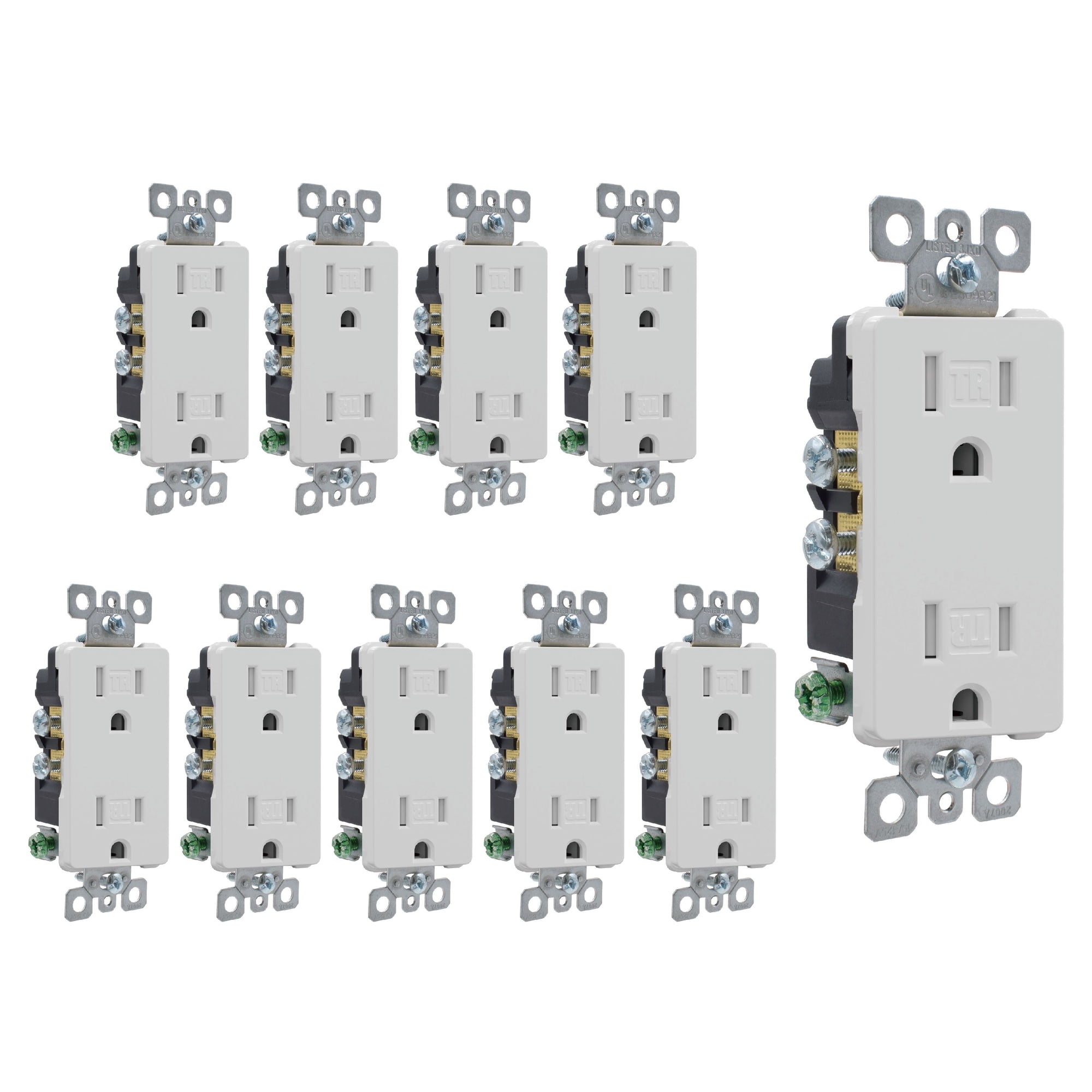 ELEGRP Decorator Wall Receptacle Outlet, Tamper Resistant 15 Amp Standard Electrical Wall Outlet, Residential Grade, Self-grounding, 125V, Wall Plate Included, UL Listed, Glossy White, 10 Pack