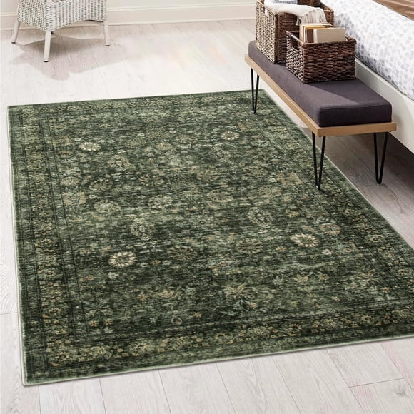 Alfombra Morebes Vintage de 152 x 213 cm, color verde, antideslizante, lavable
