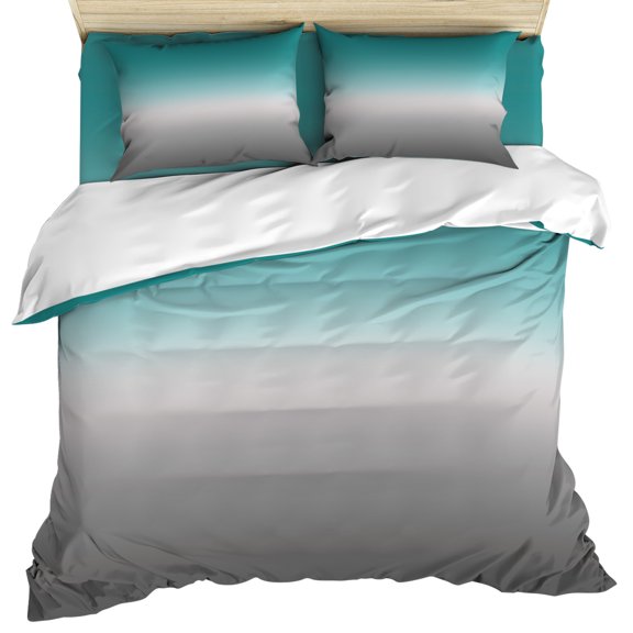 Teal Grey Ombre Duvet Cover Set, Turquoise Gradient Modern Abstract Art Soft Duvet Cover Queen Size Bedding Set 4 Pieces, 1 Quiltcover and 2 Pillowcases with Zipper, 1 Bed Sheet for All Seasons