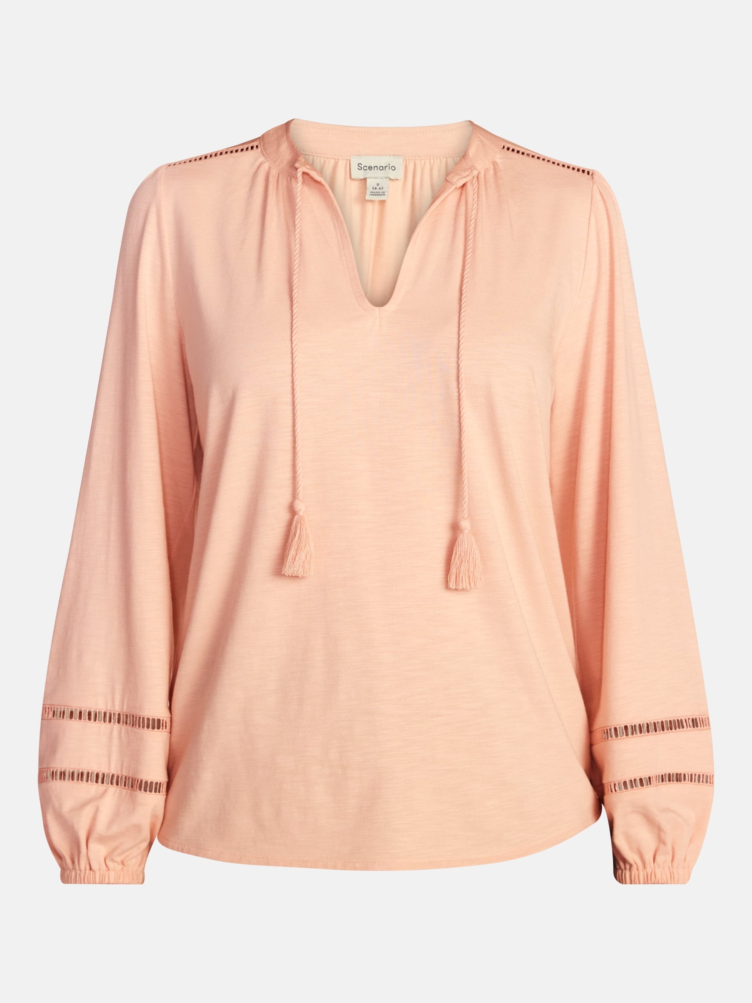 Scenario Women's Slub Knit Split Neck Top with Long Sleeves, Sizes XS-XXXL
