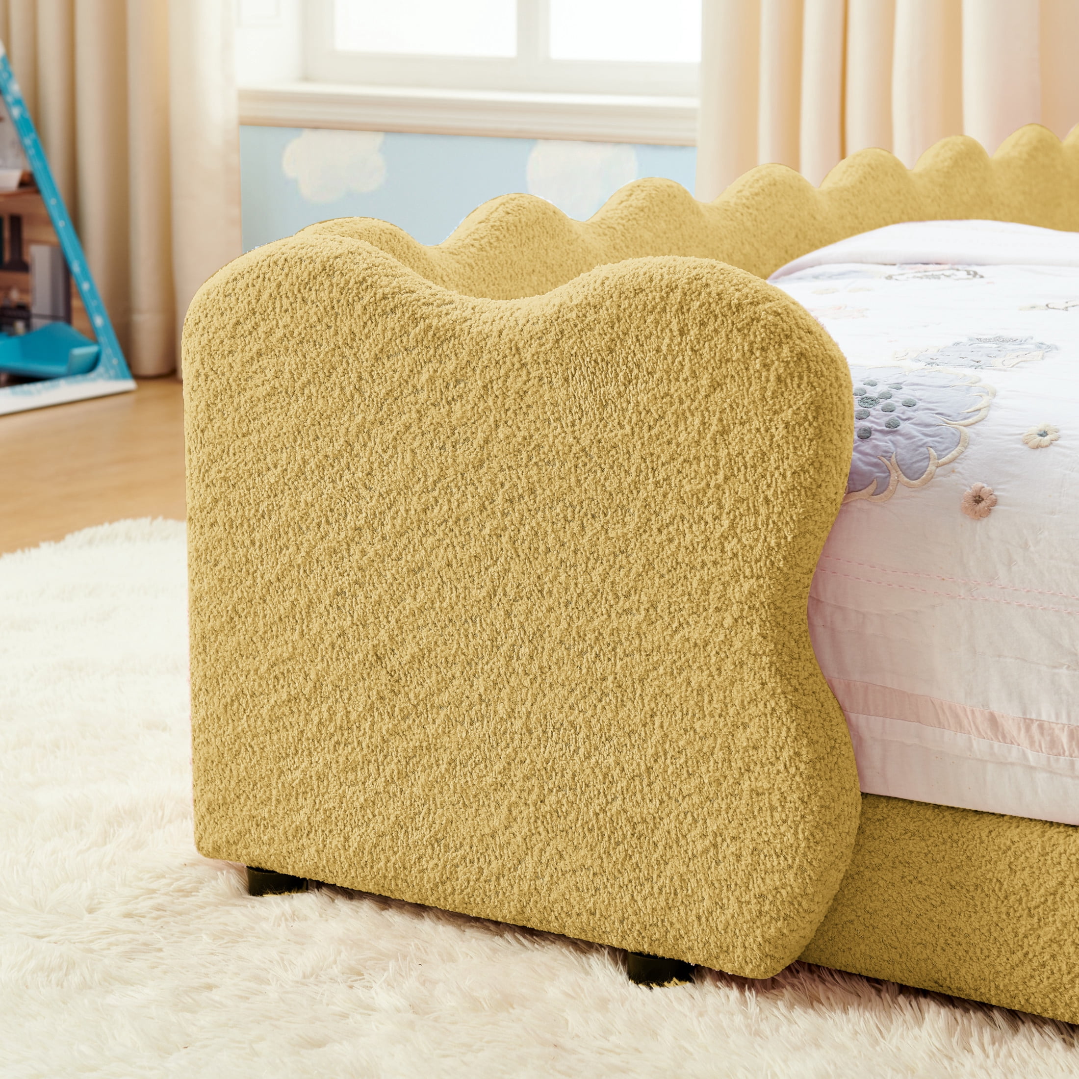 Noble House Almere Twin Size Dinosaur Kids Bed, Cozy Playful Boucle Toddler Bed Frame with Safety Guardrails, Yellow