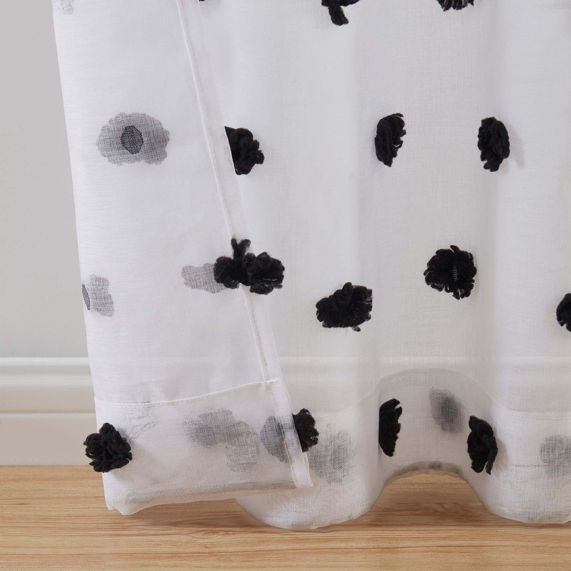 (2 pack) Your Zone Clipped Pom Rod Pocket Sheer Single Curtain Panel, White/Black, 38"W x 84"L