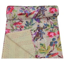 Indian Beige Bird Print Kantha Quilt Kantha Bedspread Kantha Blanket Cotton Throw Handmade Quilt Single Size Quilt Bedding 100% Cotton