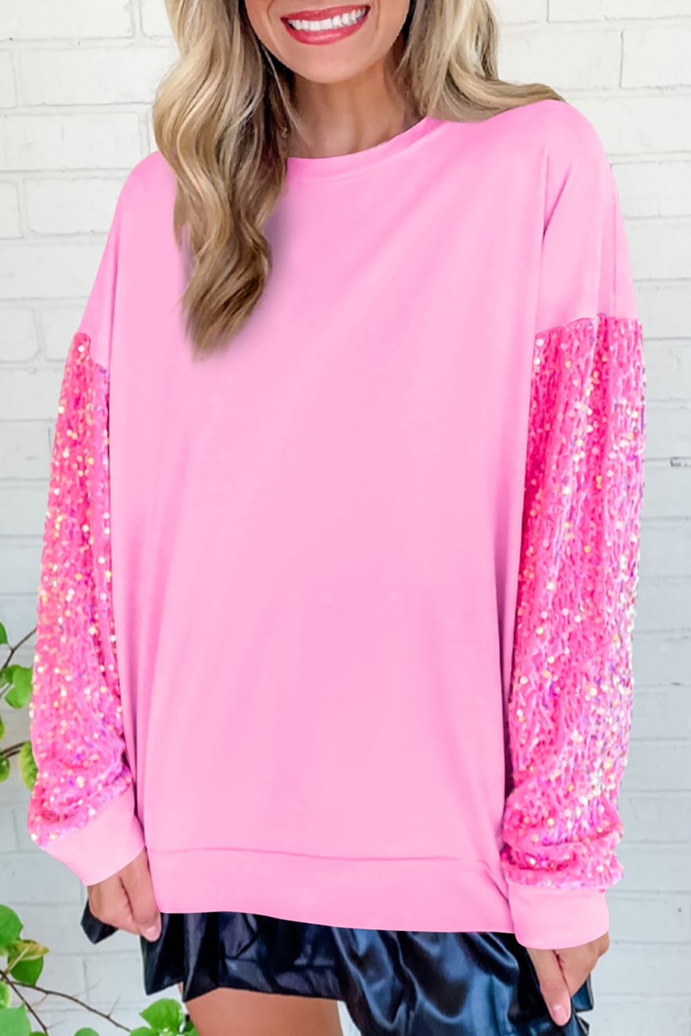 Women's Pink Sequin Patchwork Long Sleeve Pullover Top