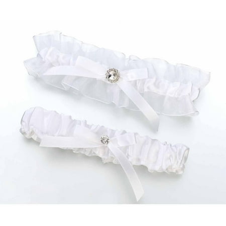 Satin Rhinestone Garter Set, White