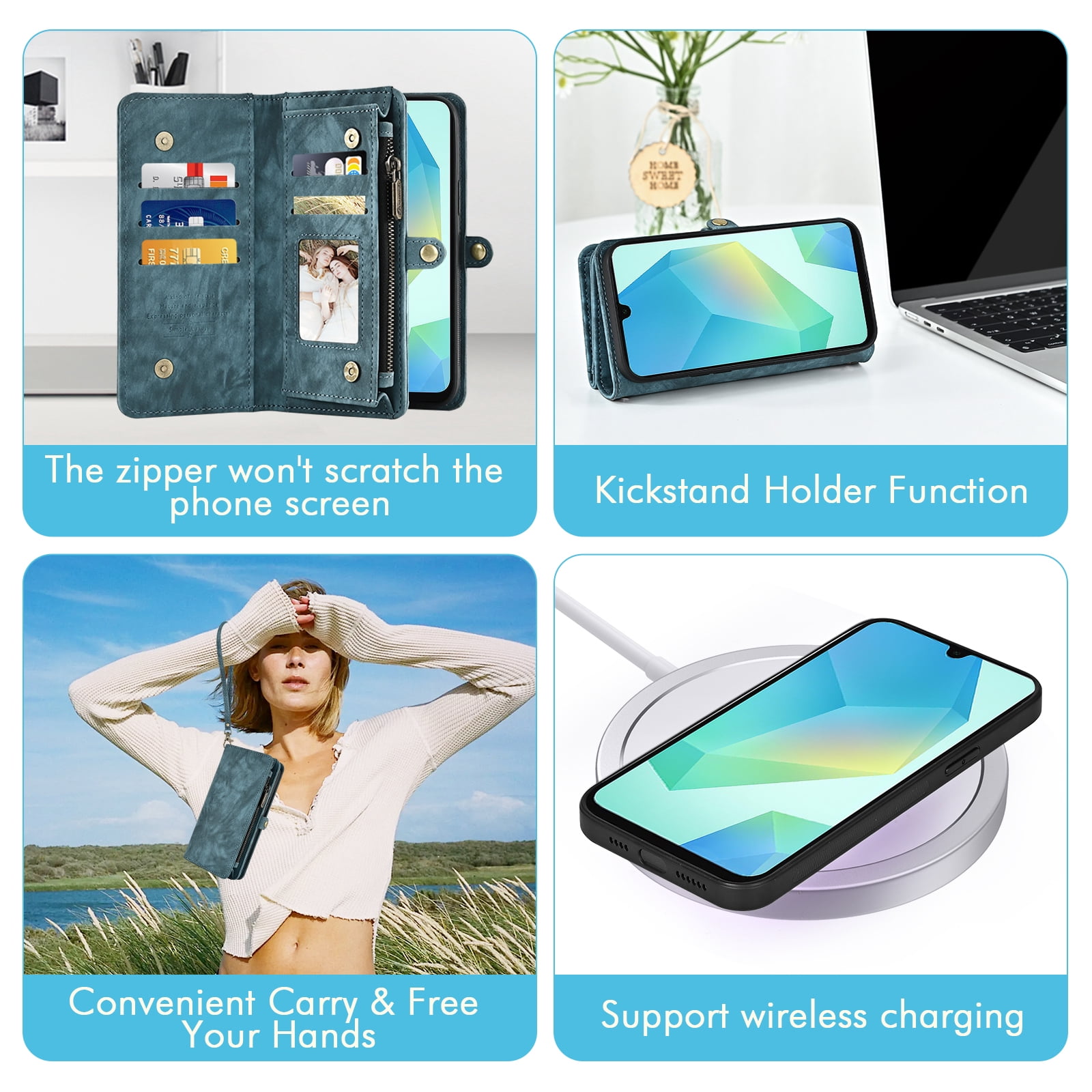 Asuwish Phone Case for Samsung Galaxy A16 5G/4G Zipper Wallet Detachable Cell Cover with Tempered Glass Screen Protector Crossbody Lanyard Strap Flip Card Holder A 16 16A SM-A166U Women Girls Blue