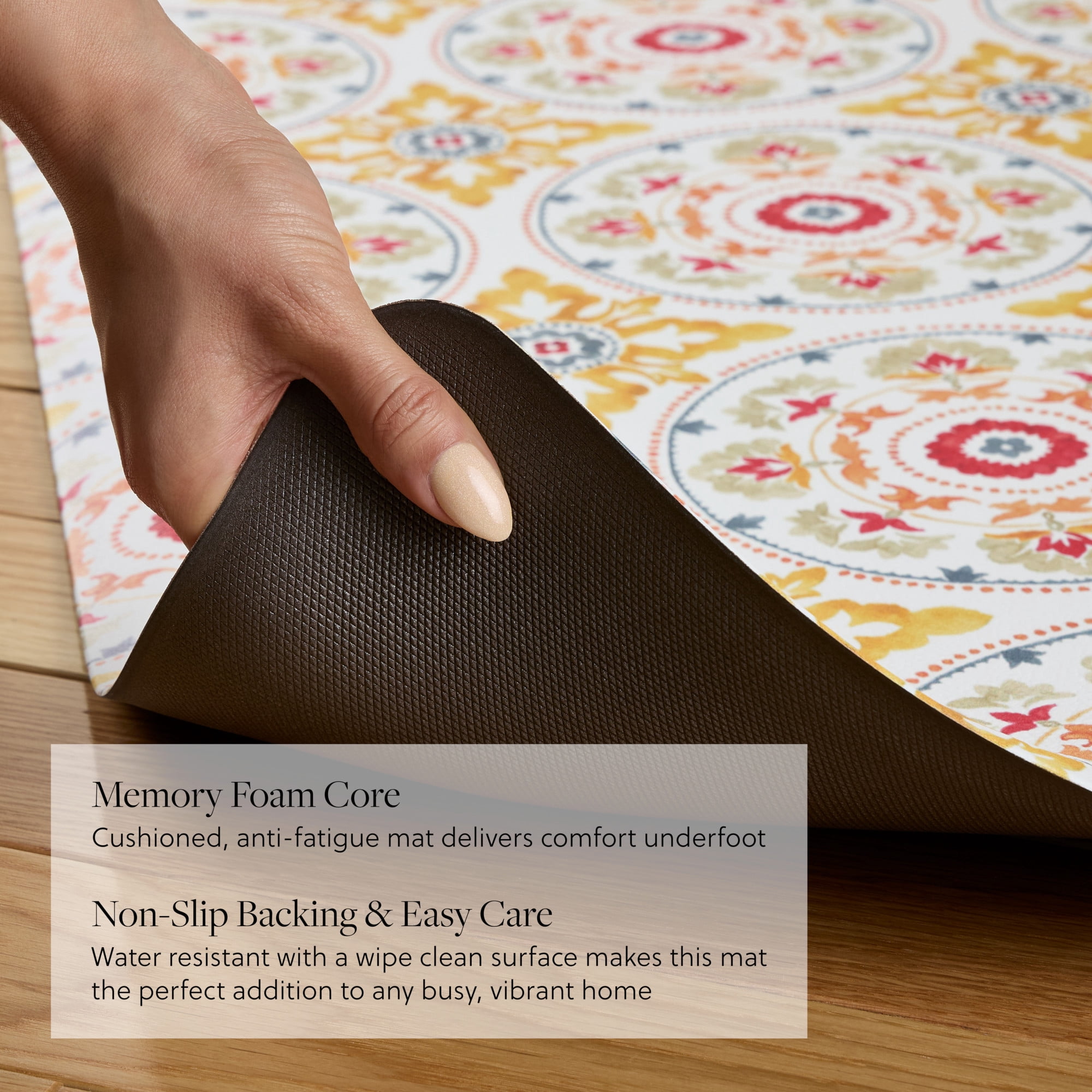 FIESTA Postiano Tiles Geo Textured Anti-Fatigue Comfort Kitchen Runner Mat, Non-Slip Floor Mat, Padded Standing Desk Mat, Red/Yellow/White, 20"x55"