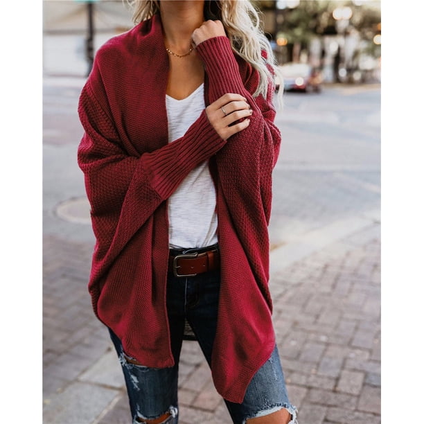 Suéter tipo cárdigan de punto de talla grande con mangas de murciélago para mujer de invierno