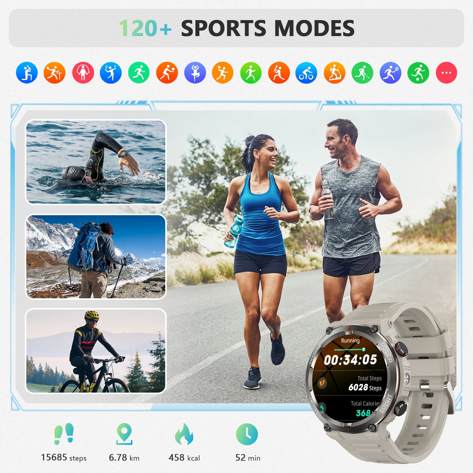 LUOMATE 1.45" Men Military Smartwatch with Fitness Tracker, Bluetooth Calling, 100+ Sport Modes, IP68 Waterproof, Pedometer, Outdoor Sports Watch Compatible Android iPhone (Khaki)