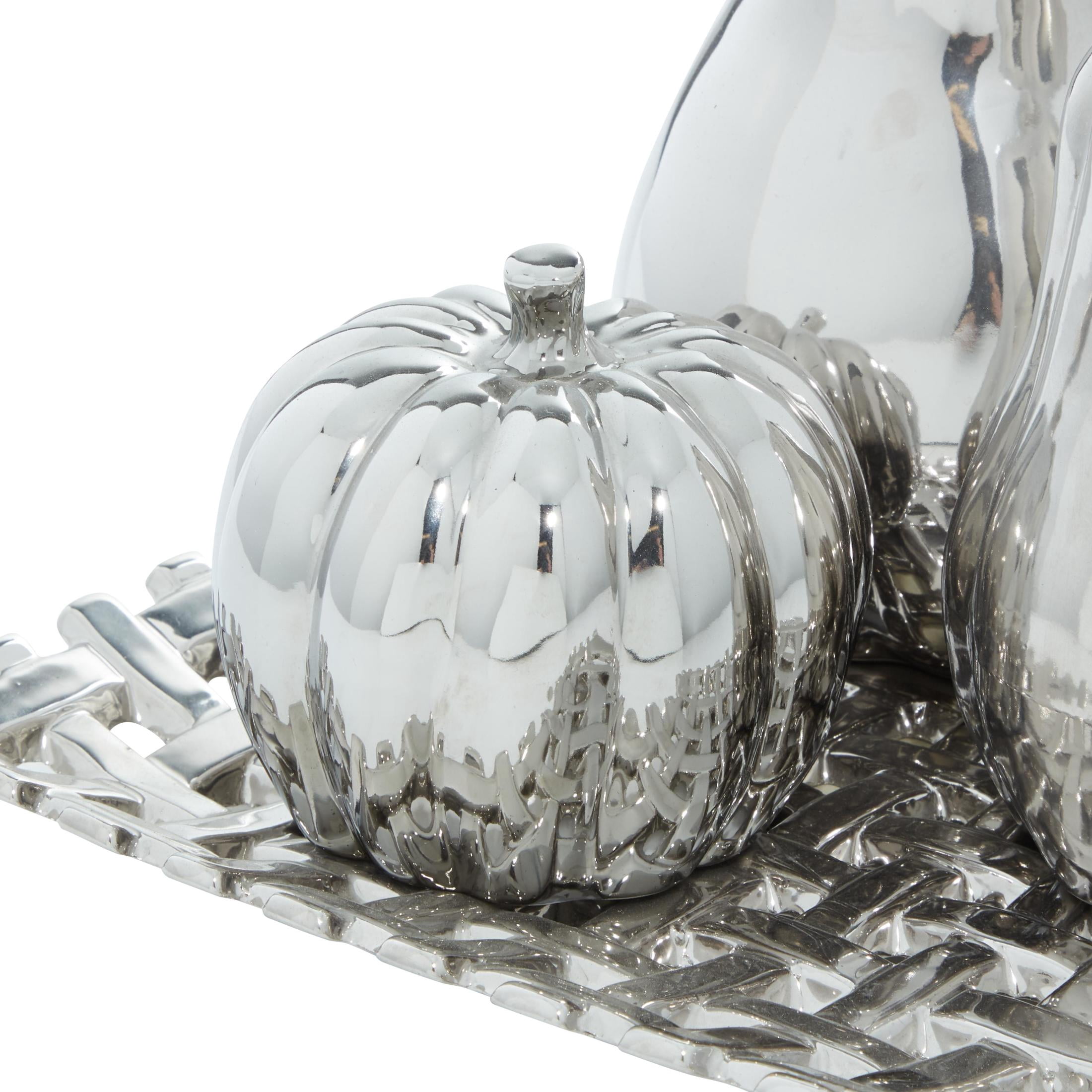 12"W, 9"H Silver Ceramic Pear, Pumpkin, and Squash Fruit Sculpture with Decorative Grid Plate, by DecMode (4 Count)