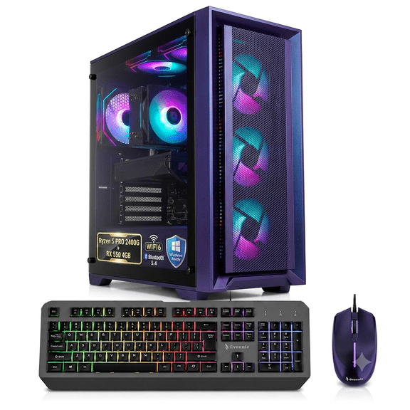 Desktop Gaming PC, AMD Ryzen 5 PRO 2400G, Radeon RX 550 4GB, 16GB RAM, 512GB SSD 1TB HDD, MegaCool 10Fan Edit ,WiFi 6, Windows 11,RGB Keyboard Mouse