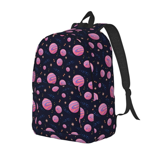 Kdxio Pink Planets And Stars Print Canvas Backpack for School Work Travel Lightweight Unisex Daypack with Laptop Compartment and Adjustable Straps-Small