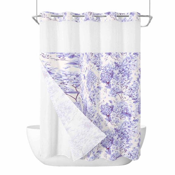 Purple Floral No Hook Shower Curtain Waterproof,Bathroom Curtains with Snap in Liners and See Through Top Window,Hydrangeas Flower Spring Summer Botanical Hotel Bathtub Curtains Shower 72"Wx96"L