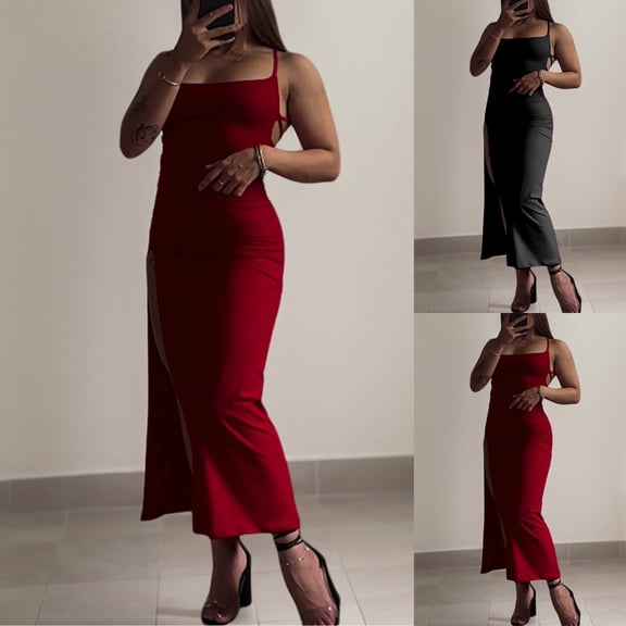 Fengqque Women's Lace Up Backless Strappy Sleeveless Side Split Cami Dress Spaghetti Strap Bodycon Shape Dress Red S(S)