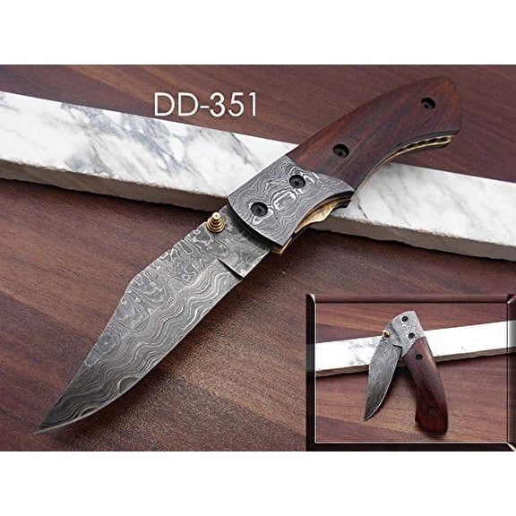 8.3" long hand forged custom made Damascus steel pocket clip folding knife, Walnut wood scale with Damascus Bolster, cow leather sheath (Walnut wood)
