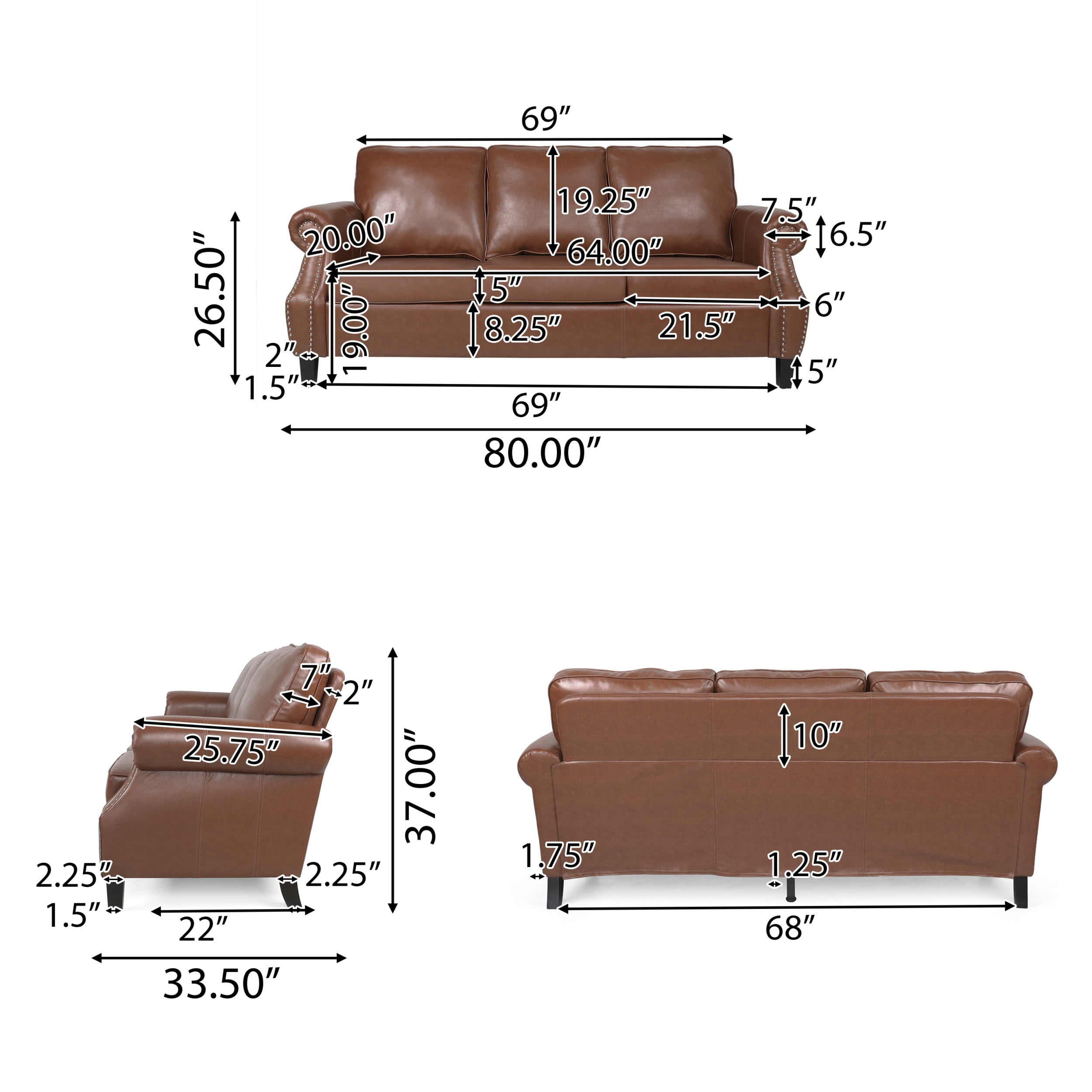 Noble House Amedou Faux Leather 3 Piece Club Chair and Sofa Set, Cognac Brown and Dark Brown