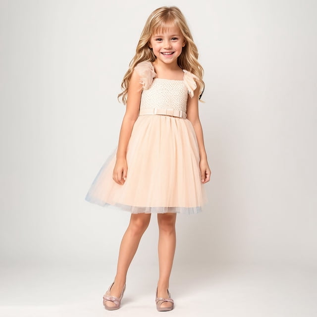 XEGLSBU Robe de Concours en Tulle pour Fille Enfant, Robe de Fête avec Nœud, Manches Volantées, Robes