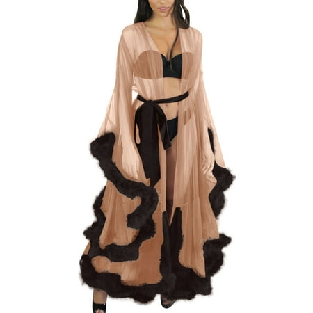 Youmylove Women Fashion Tulle Robe Long Lingerie Nightgown Bathrobe Sleepwear Feather Bridal Robe Lace Lingerie Chemise Sleepwear