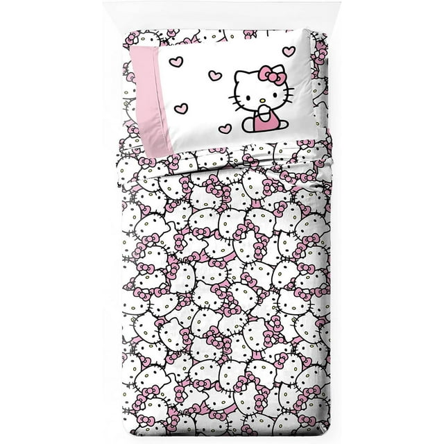 Hello Kitty Stripes & Hearts Queen Size Sheet Set Super Soft Piece Bedding Set Microfiber Sheets Include Reversible Pillow Covers