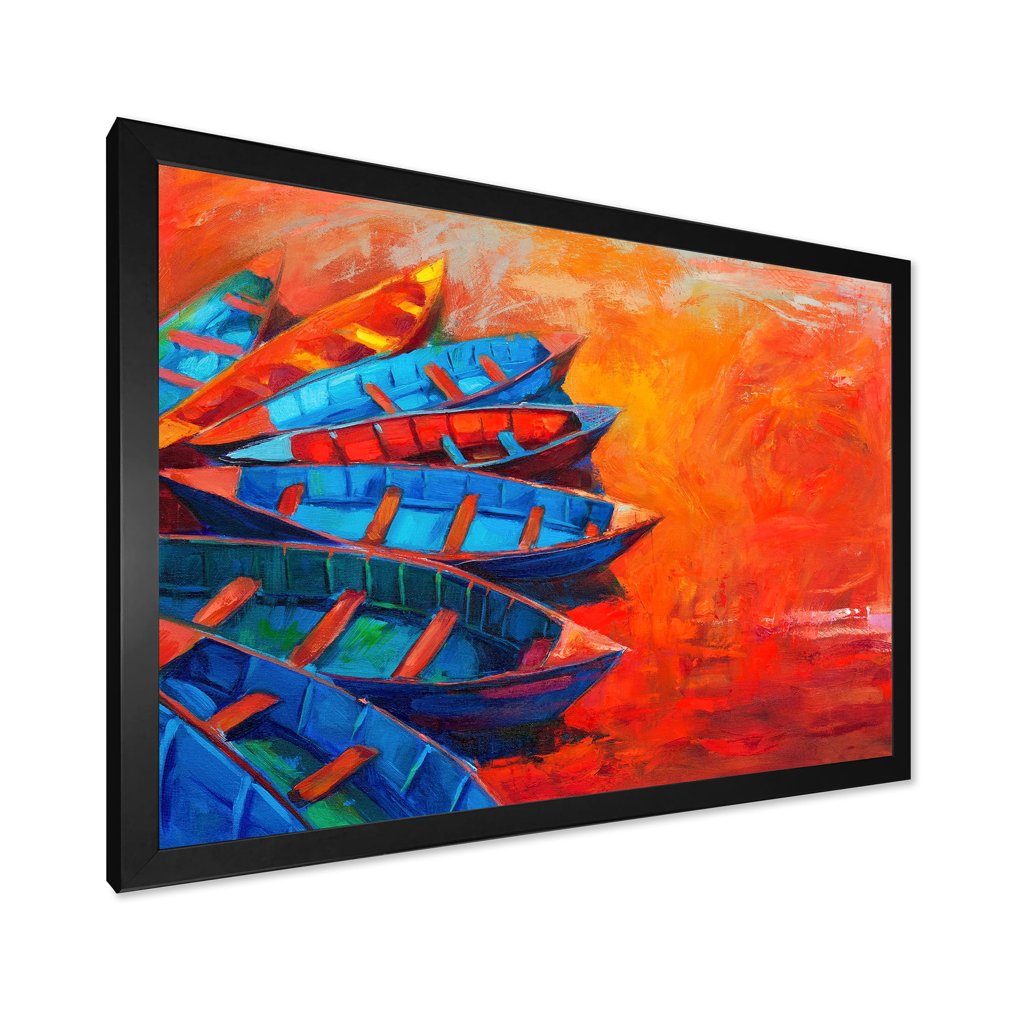 Boats During Warm Sunset Resting On The Water V 32 in x 24 in Framed Painting Canvas Art Print, by Designart