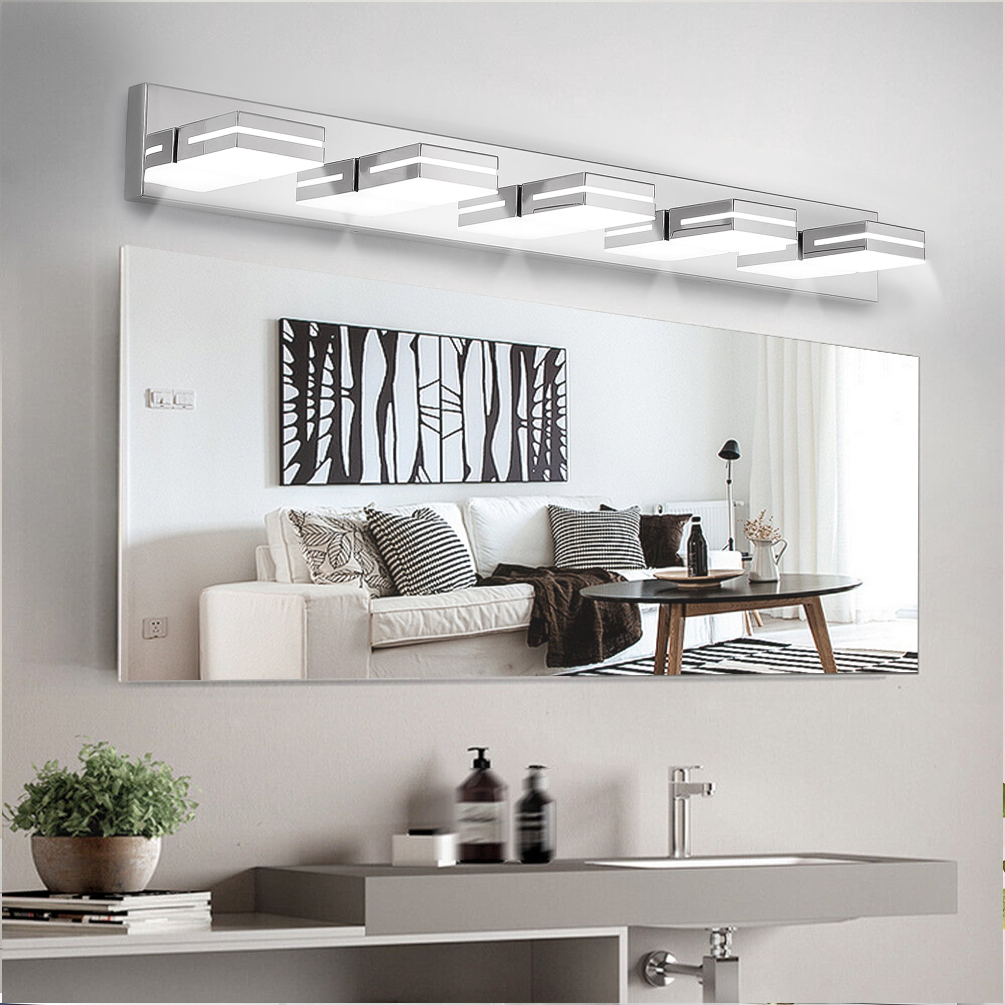 GCGAFUL 41 in. 5-Light Chrome Modern Dimmable Bathroom Vanity Light with 360° Rotatable Head, Wall Sconce for Bathroom and Mirror