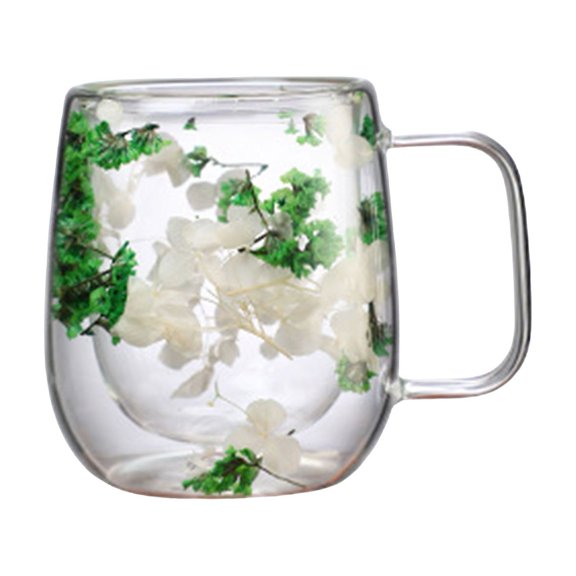 Kripyery 8.45oz Double Walled Glass Mug Clear Floral Wide Mouth Cup with Handle Insulated Coffee Tumbler for Coffee Tea Chocolates