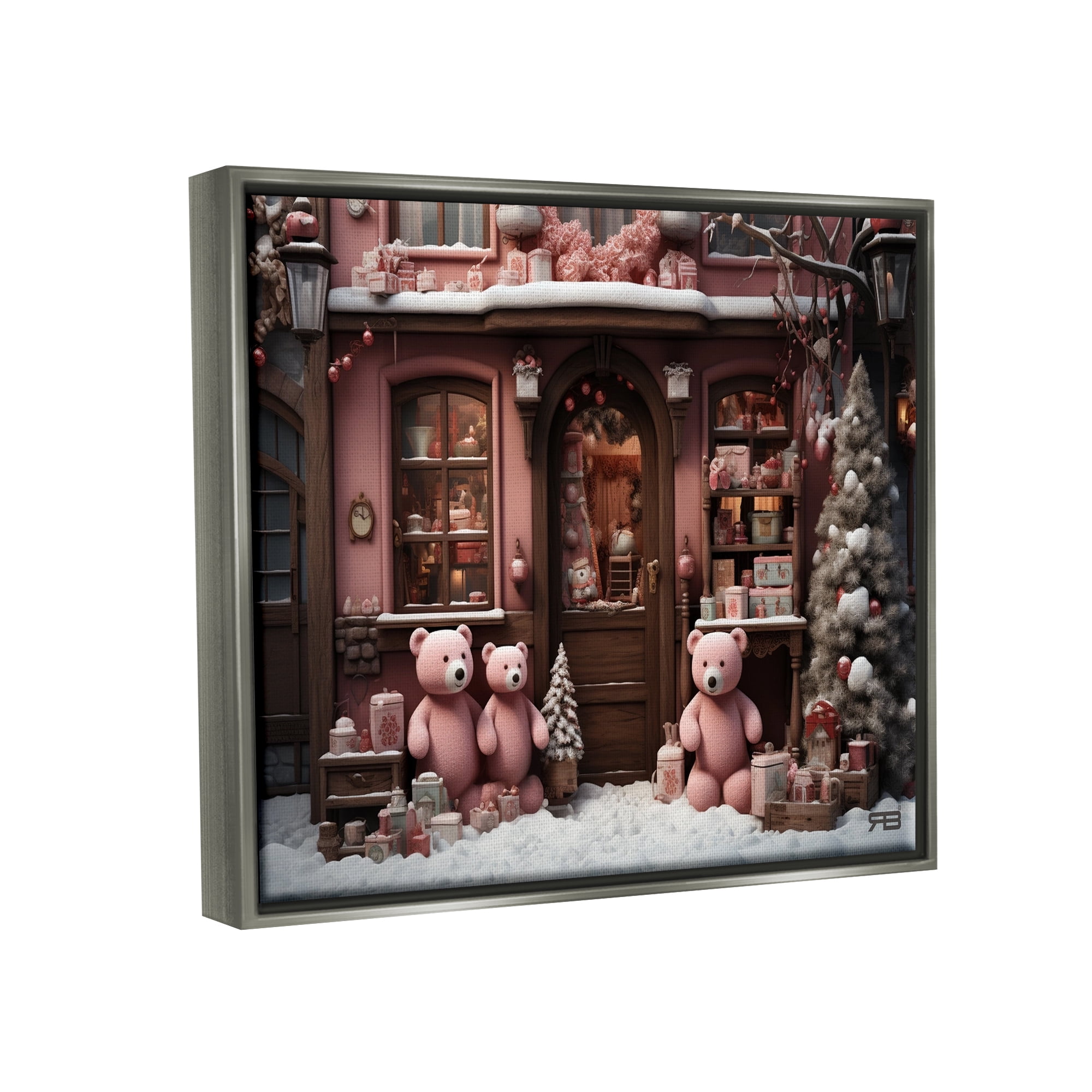 Stupell Industries Christmas Shop with Bears Holiday Painting Gray Floater Framed Canvas Art Print Wall Art, 21 x 17