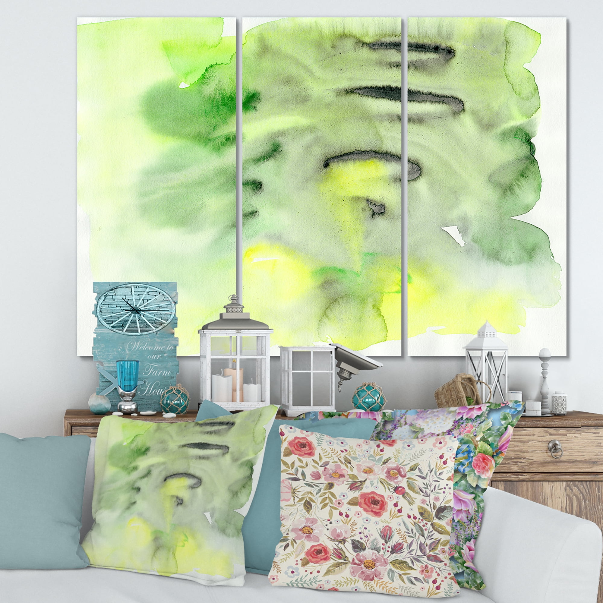 Abstract Pond of Yellow and Green 28 in x 36 in Painting Canvas Art Print, by Designart